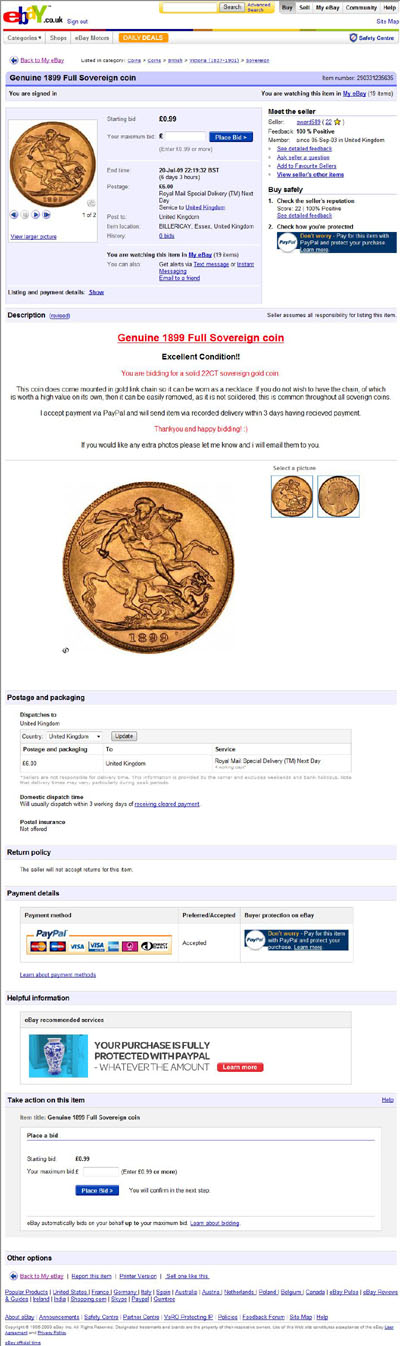 sward589 eBay Listing 1899 Victoria Young Head Sovereign Rare Mule Error